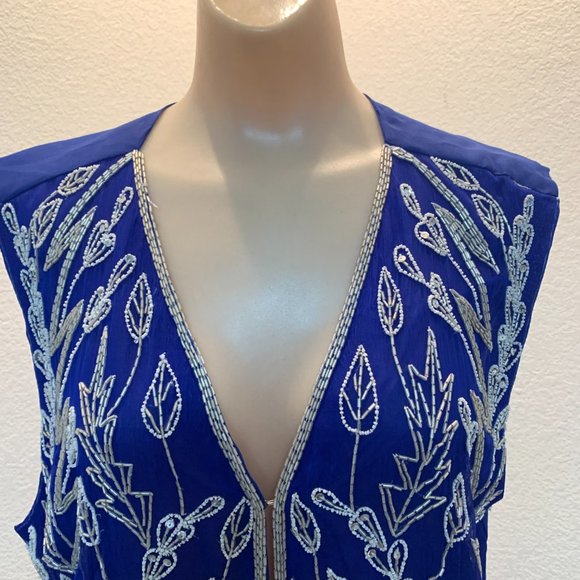 Vintage Gunit beaded silk vest size L royal blue with silver and white beads - Picture 8 of 11